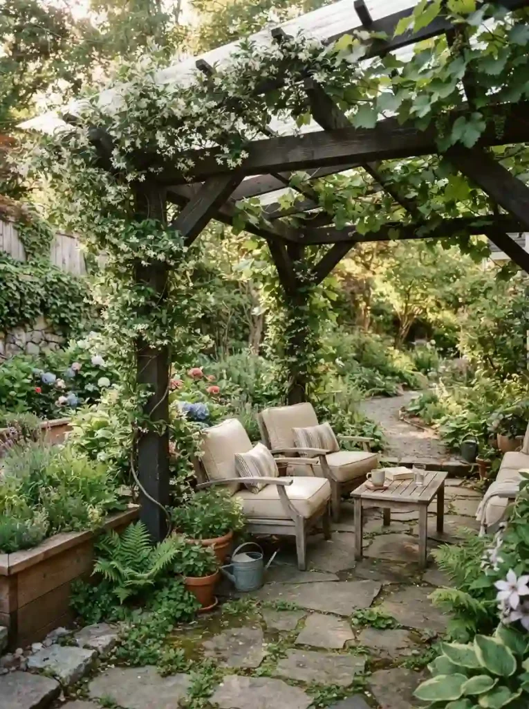 7. Greenery-Covered Pergola With a Weatherproof Roof