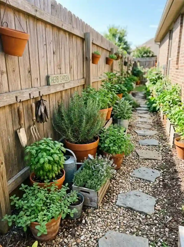 7. Grow herbs in a sunny strip beside the fence