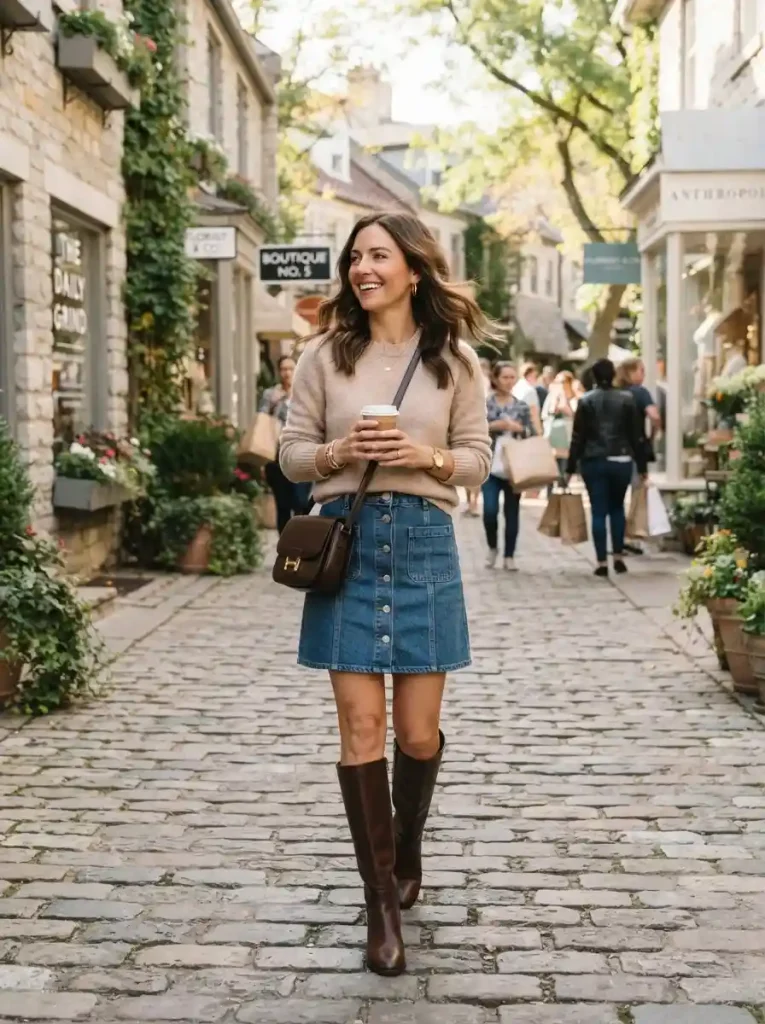 7. Knee High Boots With a Denim Skirt
