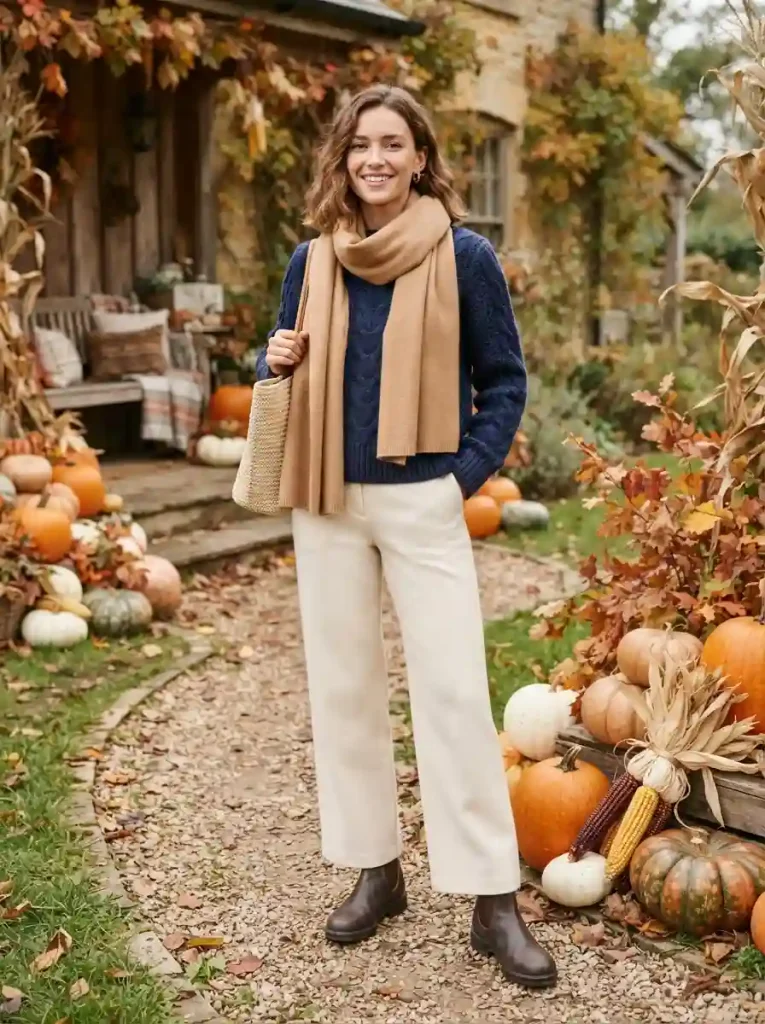 7. Navy Sweater With Cream Wide-Leg Trousers