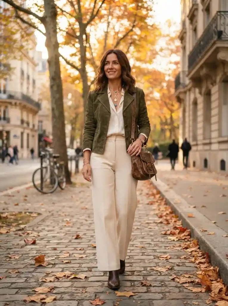7. Olive Suede Jacket With Cream Wide-Leg Pants