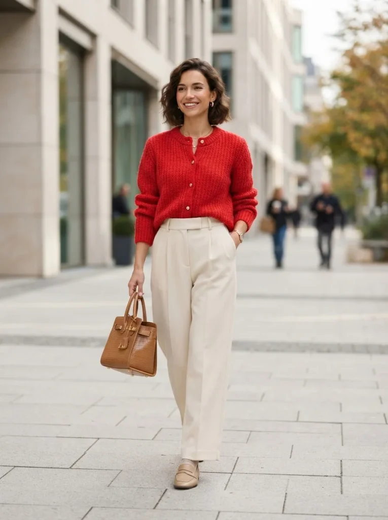7. Red Cardigan With Cream Trousers