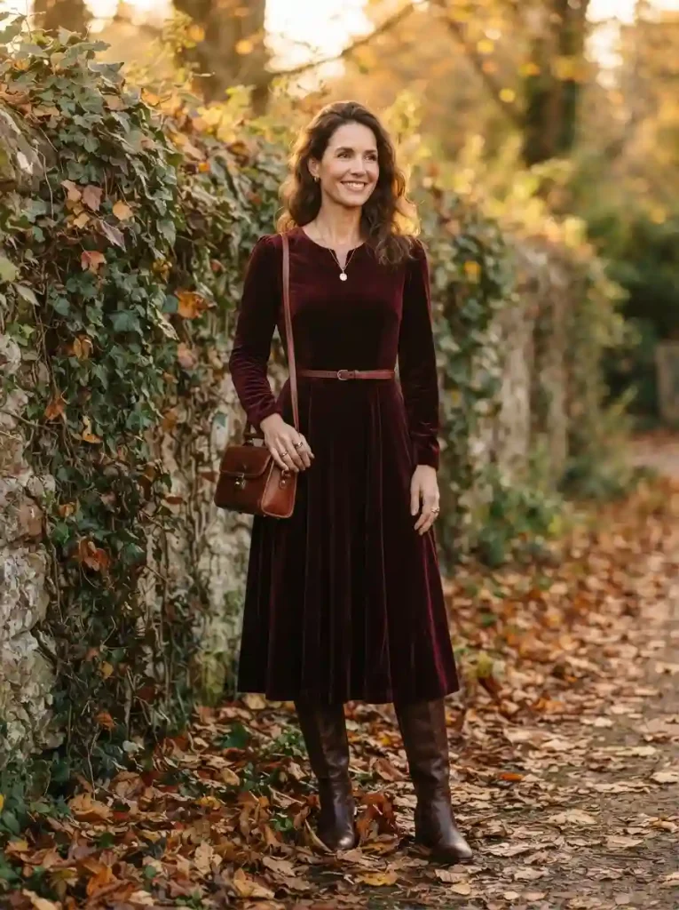 8. Burgundy Velvet Dress With Knee-High Boots