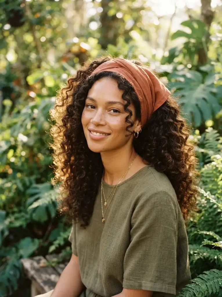 8. Curly Hair With a Crown Bandana