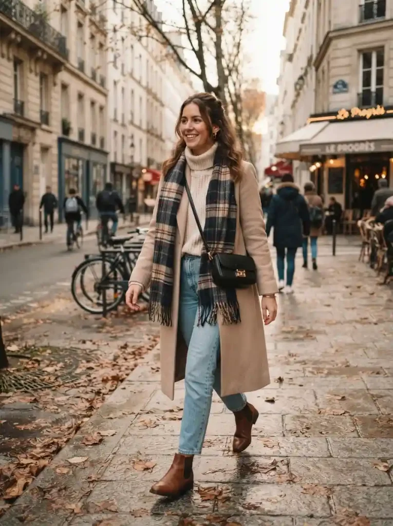 8. Long Coat With Denim and a Scarf