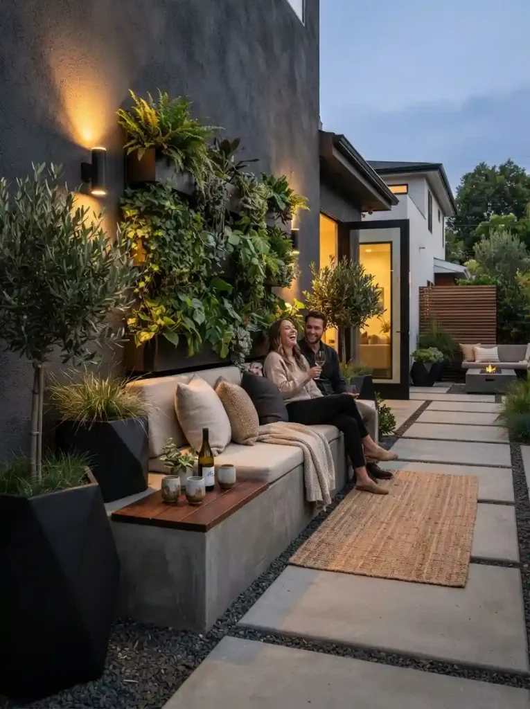 8. Modern concrete bench with a vertical garden