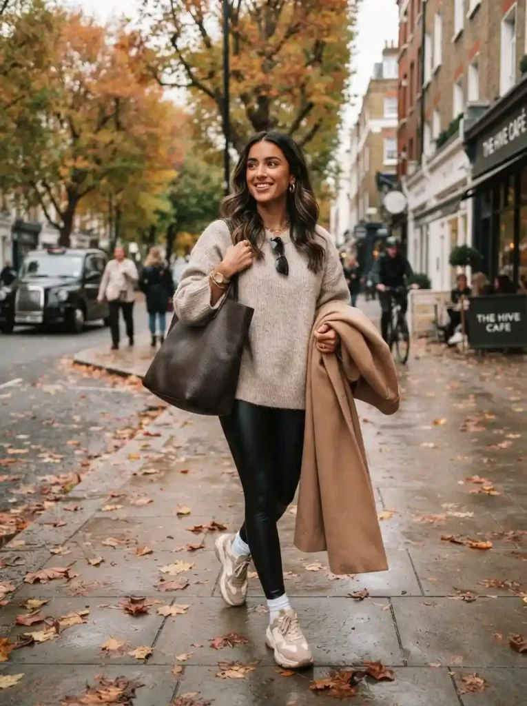 8. Oatmeal Sweater with Faux-Leather Leggings