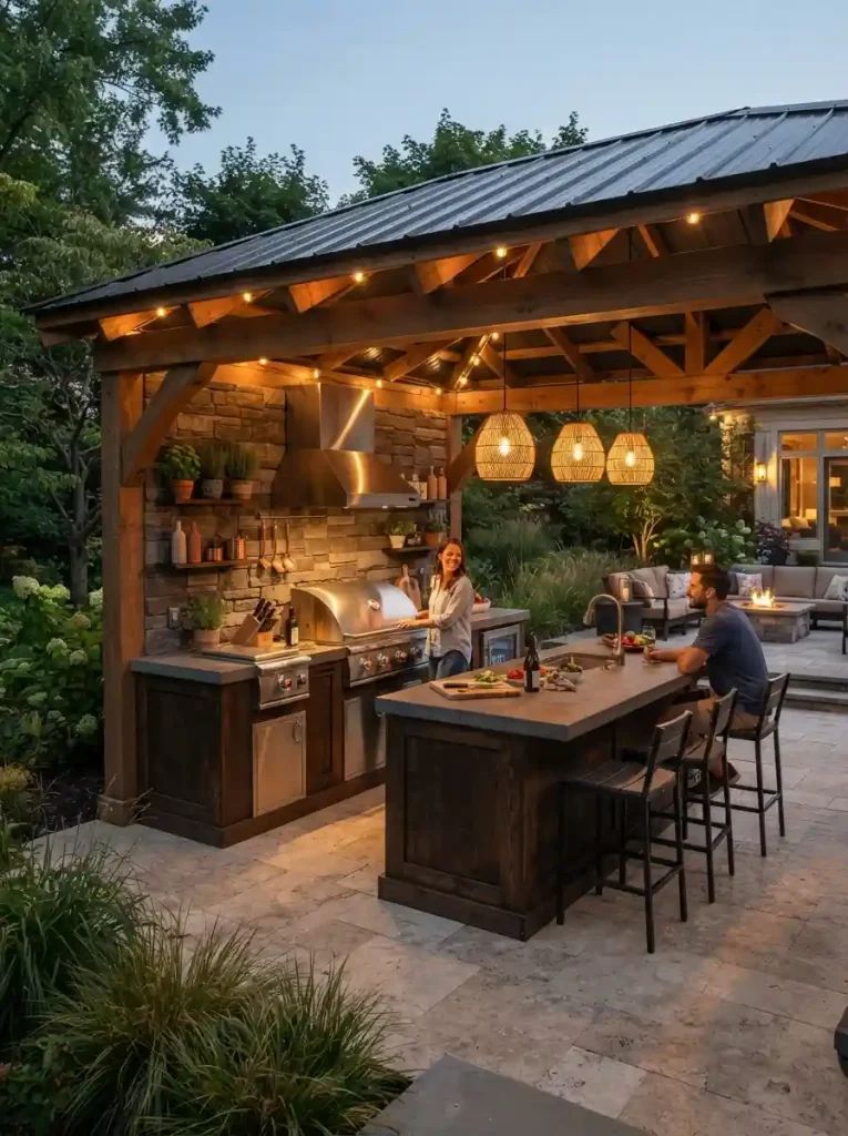 8. Outdoor Kitchen Pergola With Full Roof Cover