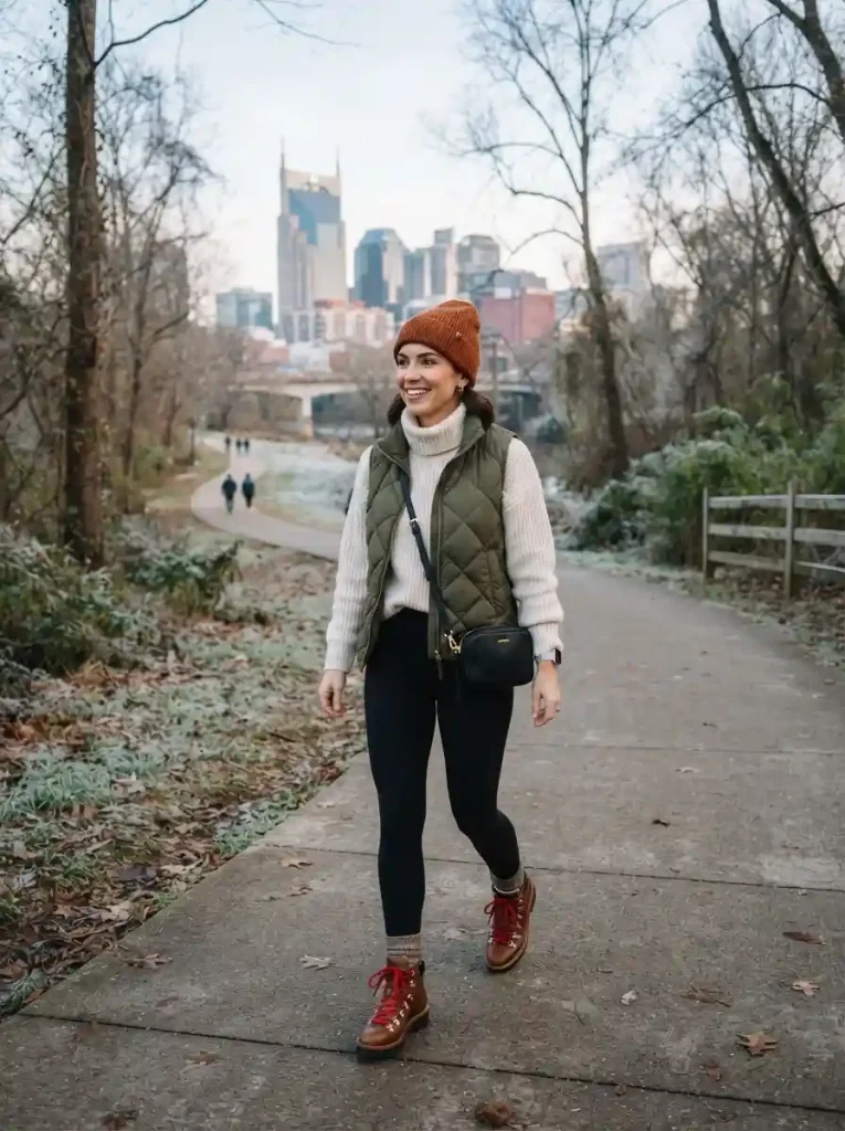 8. Puffer Vest, Chunky Knit, Leggings, and Hiking-Inspired Boots