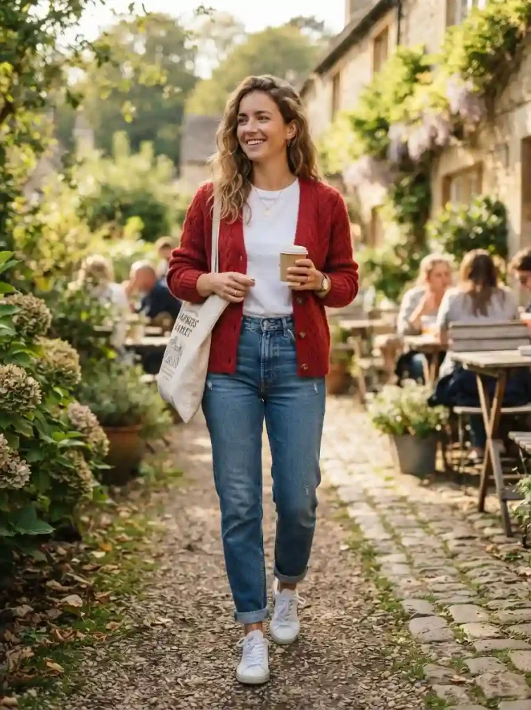 8. Red Cardigan With a White T-Shirt and Jeans