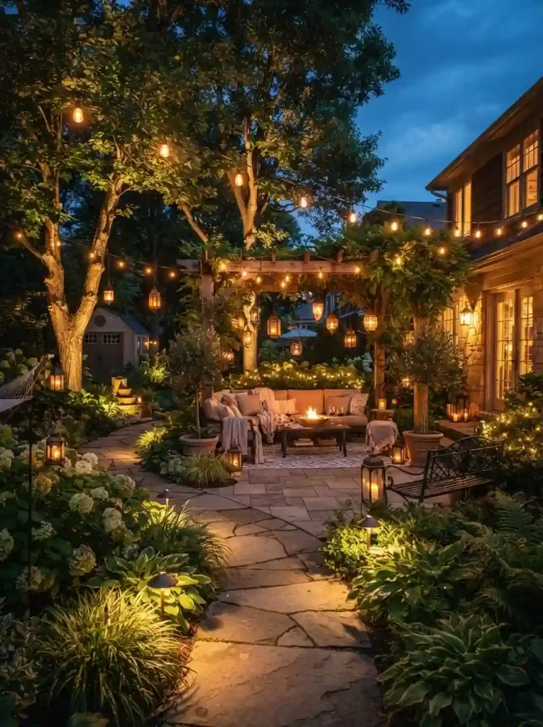 8. Use layered lighting for an evening-ready backyard