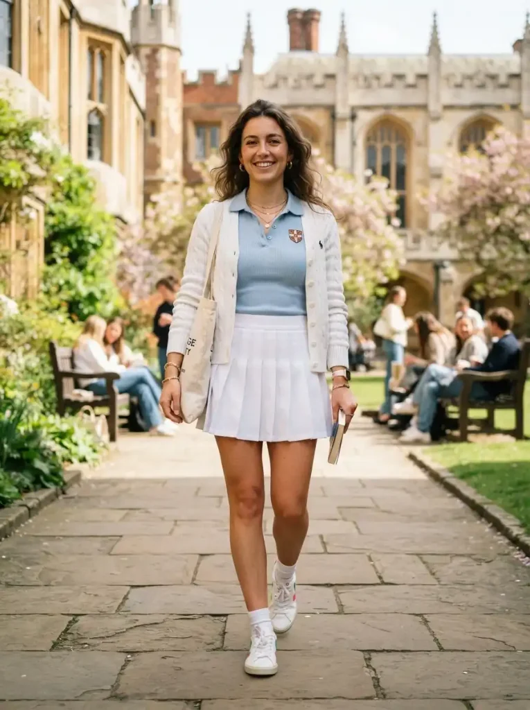 8. White Cardigan With a Pleated Tennis Skirt
