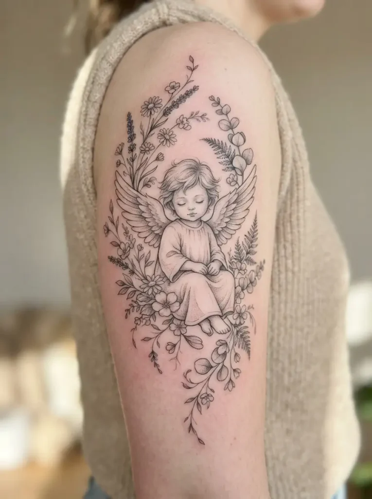 9. Baby Angel With Delicate Flowers