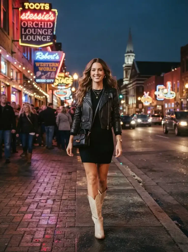 9. Black Sweater Dress, Leather Jacket, and Western Boots
