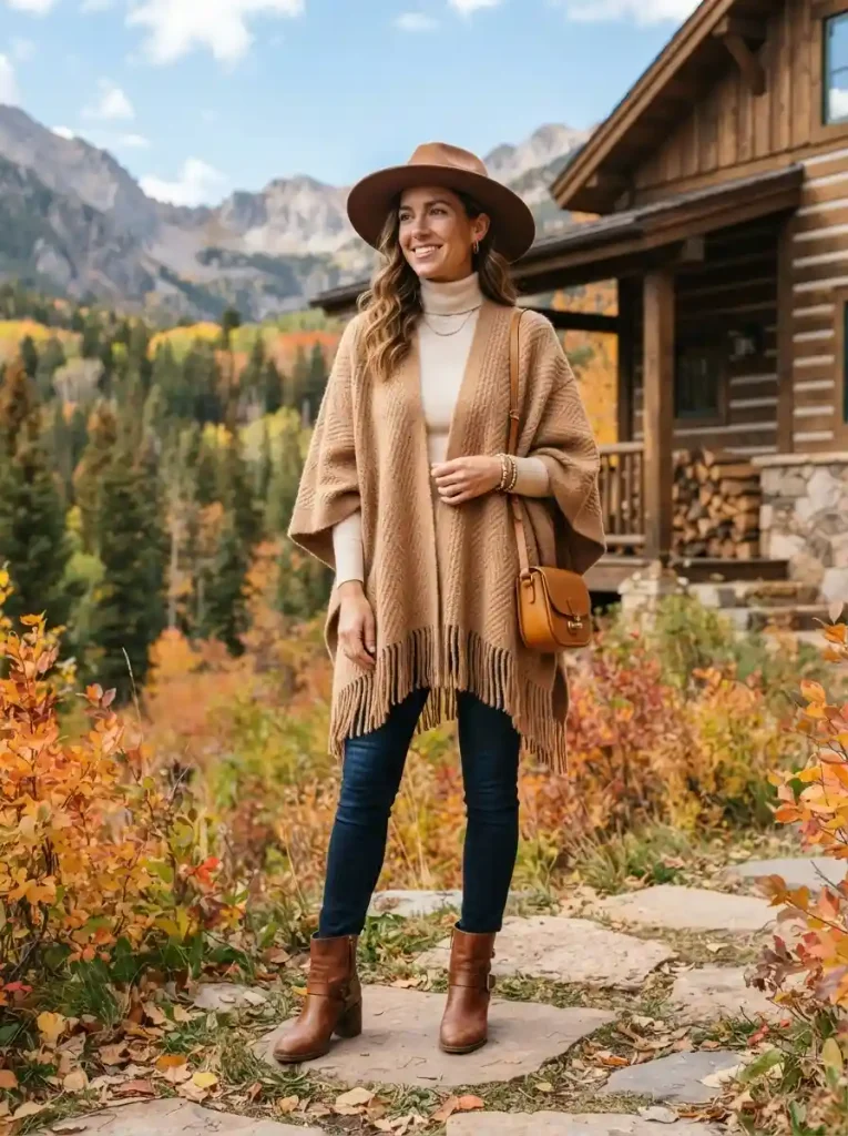 9. Camel Poncho With Dark Skinny Jeans