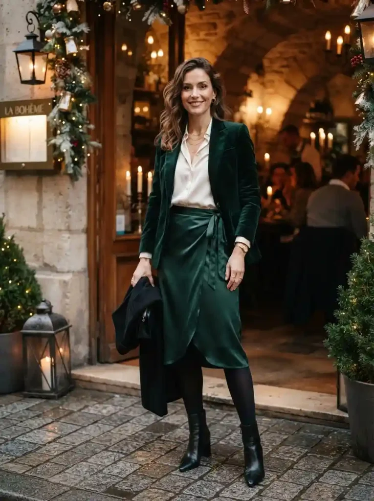 9. Emerald Wrap Skirt with an Ivory Blouse and Velvet Blazer