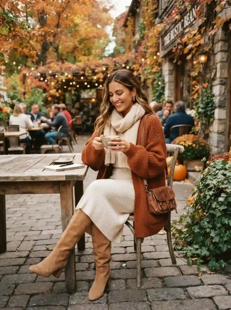 9. Knee High Boots With a Cozy Cardigan