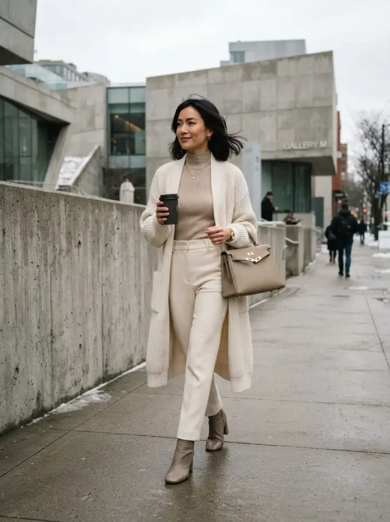 9. Long White Cardigan With Monochrome Neutrals
