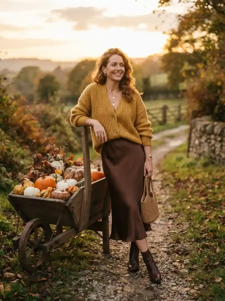 9. Mustard Cardigan With a Chocolate Slip Skirt