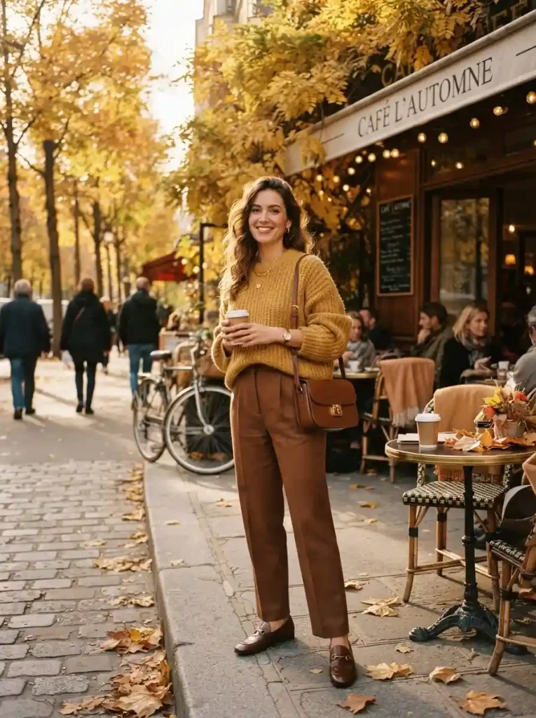 9. Mustard Sweater with Brown Trousers