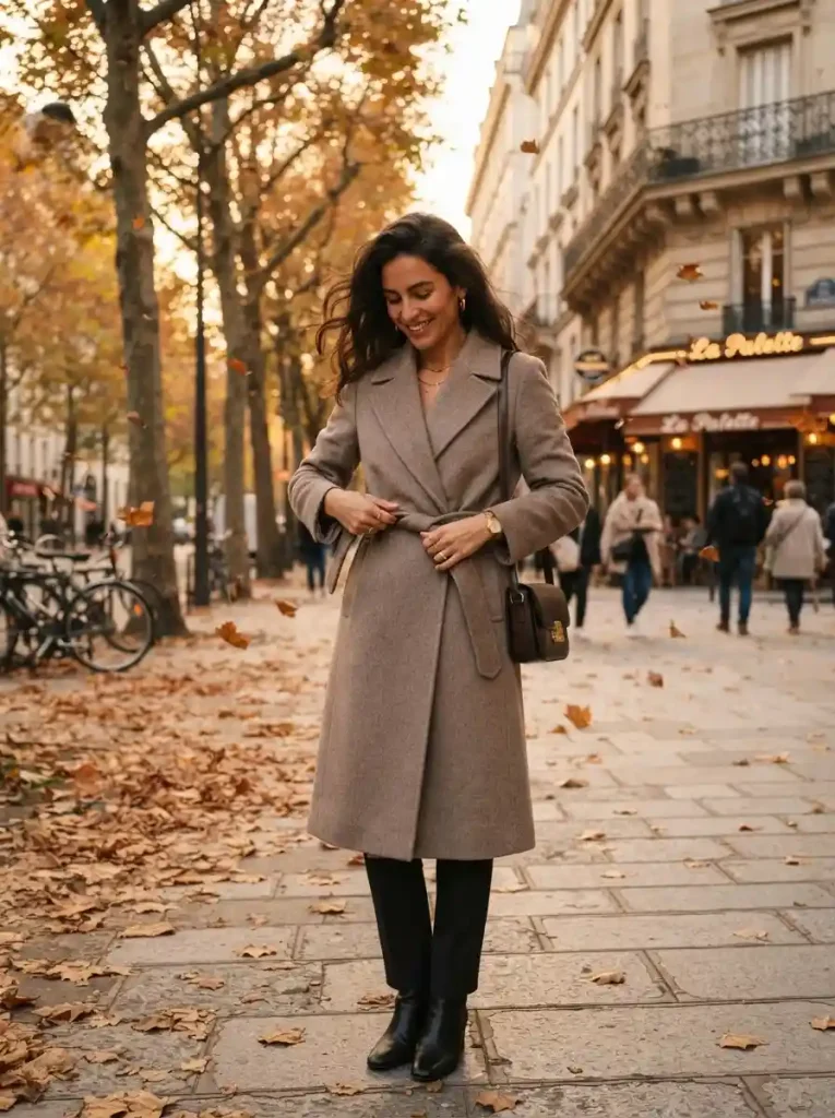 9. Neutral Wrap Coat Elegance
