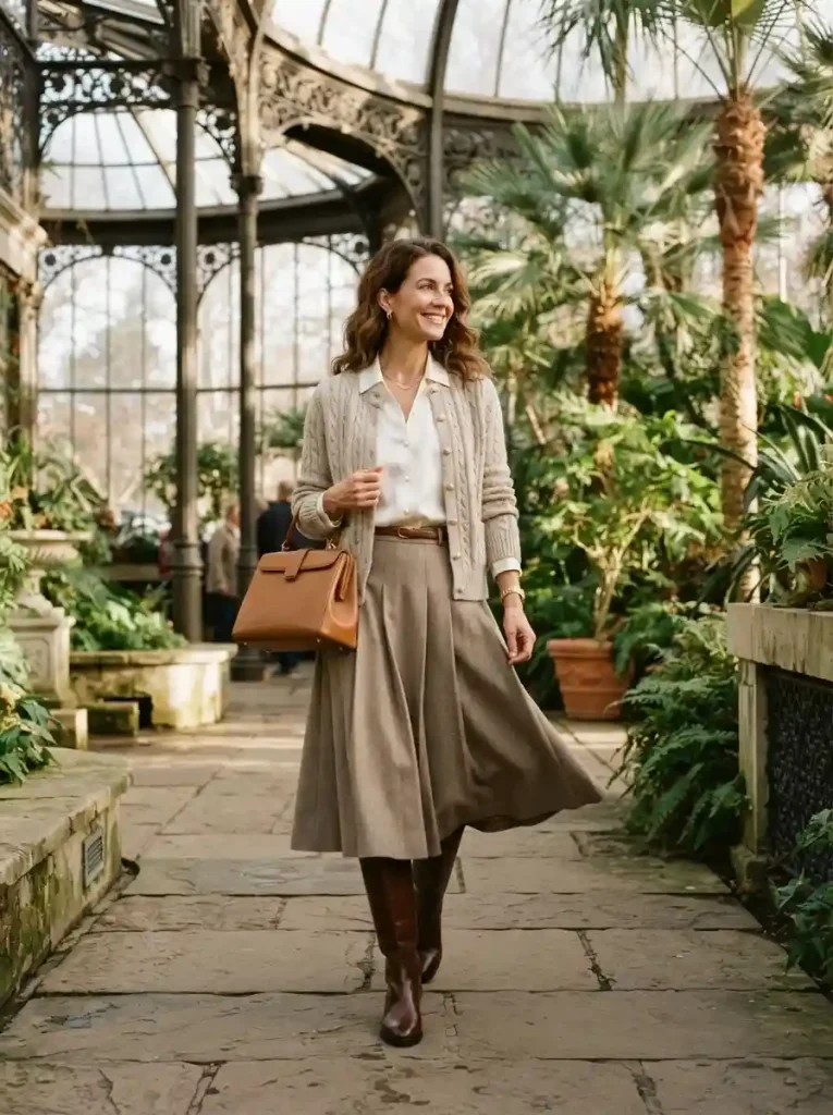 9. Oatmeal Cardigan and Tailored Skirt