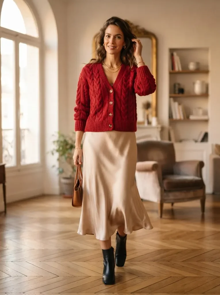 9. Red Cardigan With a Satin Skirt