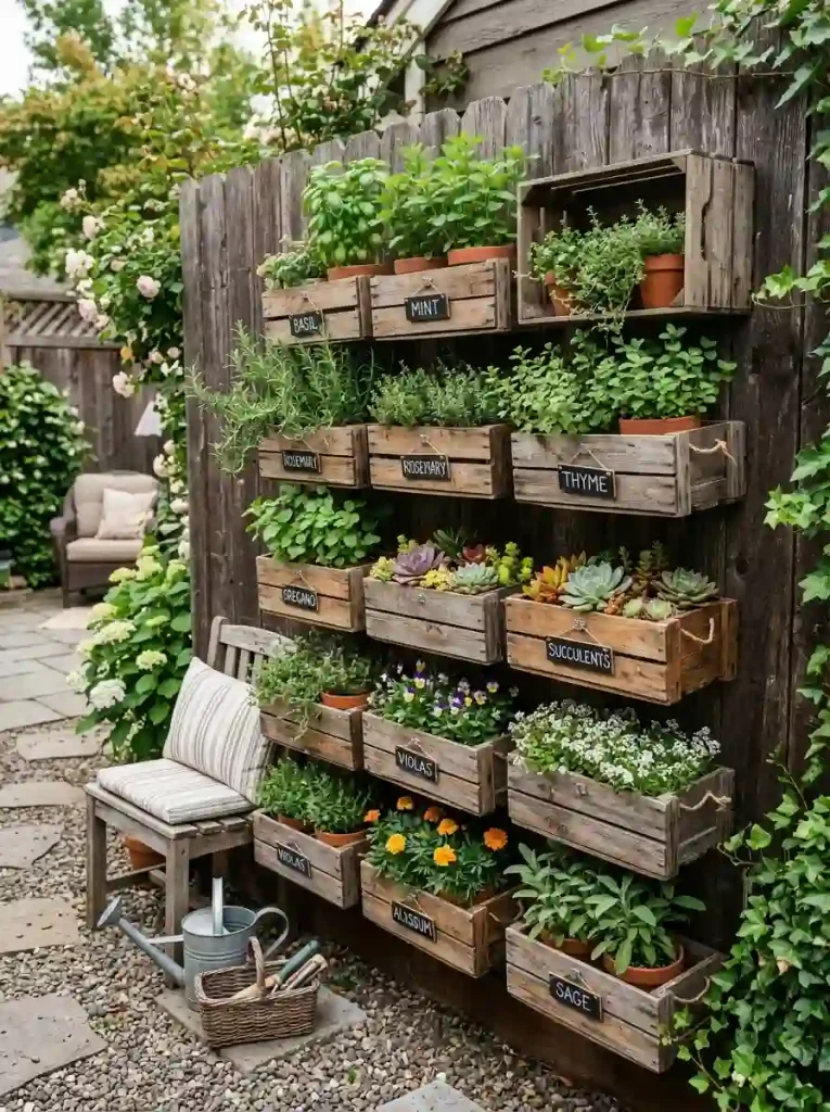 9. Reuse old wooden crates as vertical garden shelves