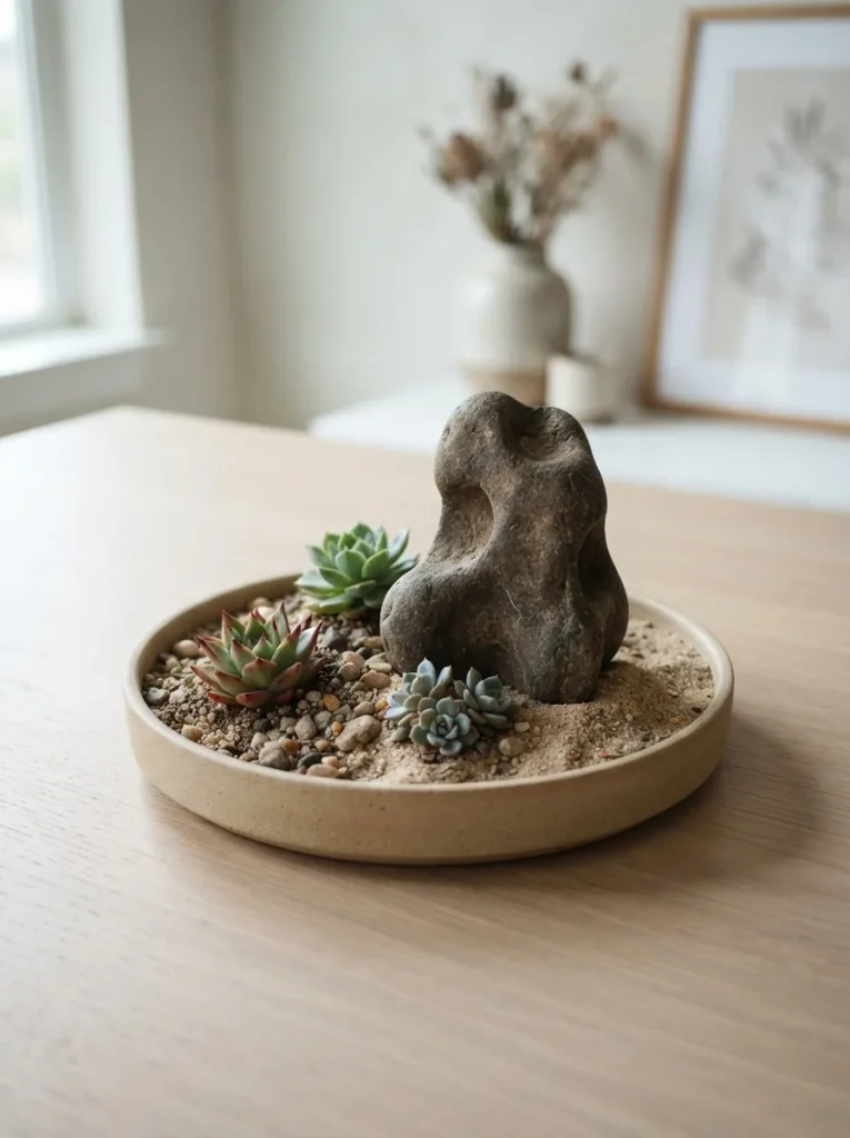 9. Succulent Arrangement Around a Centerpiece Stone
