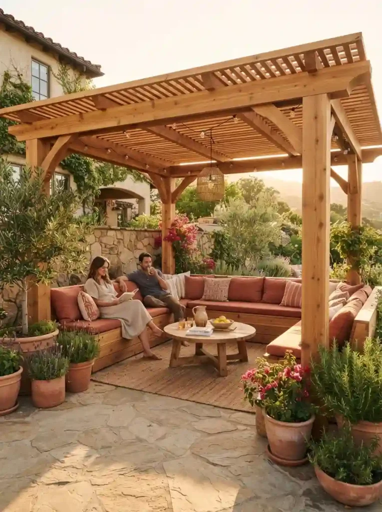 9. Warm Cedar Pergola With a Slatted Roof
