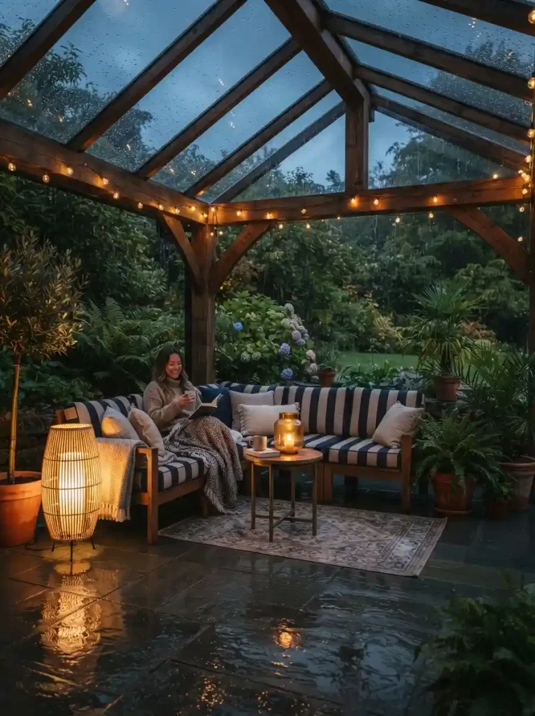 9. Weather-ready lounge beneath a clear pavilion