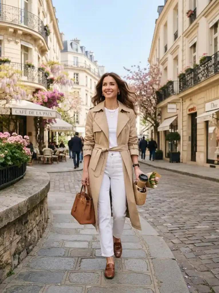 1. Beige Trench Coat with White Straight-Leg Jeans
