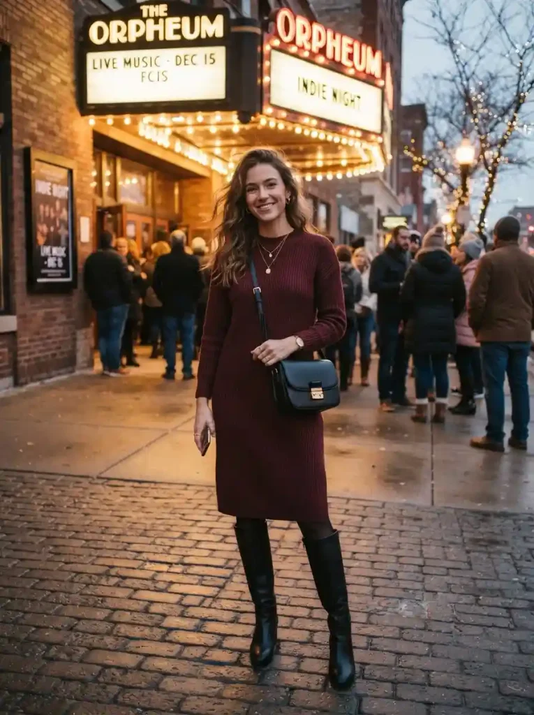 1. Burgundy Sweater Dress With Tall Boots