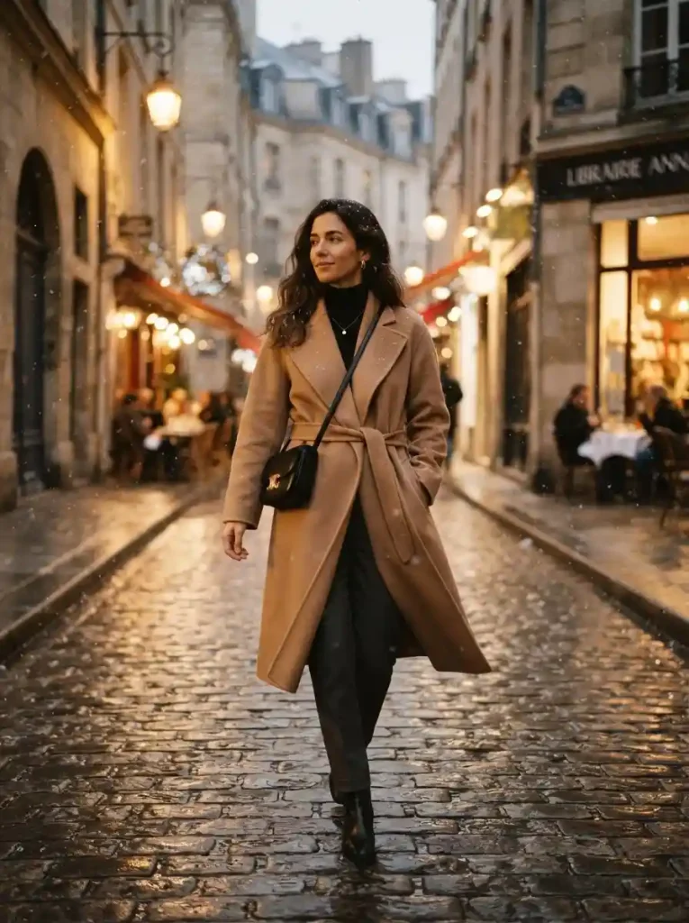 1. Camel Coat with a Black Turtleneck and Tailored Trousers