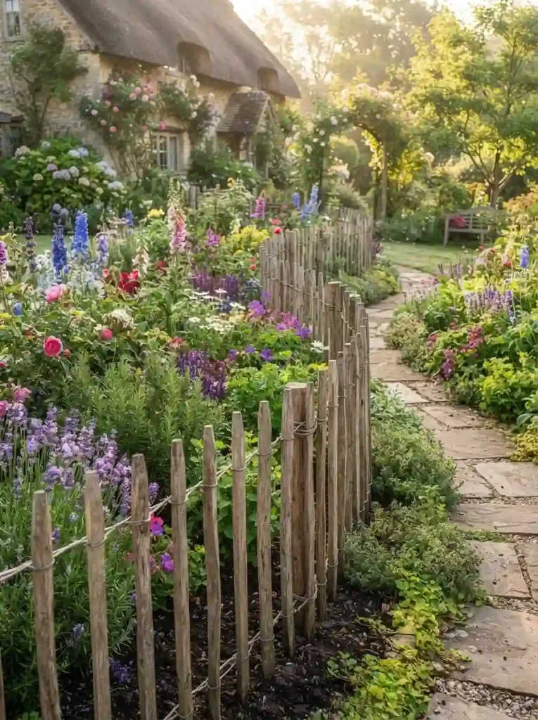 1. DIY Garden Border Fence With Wooden Stakes