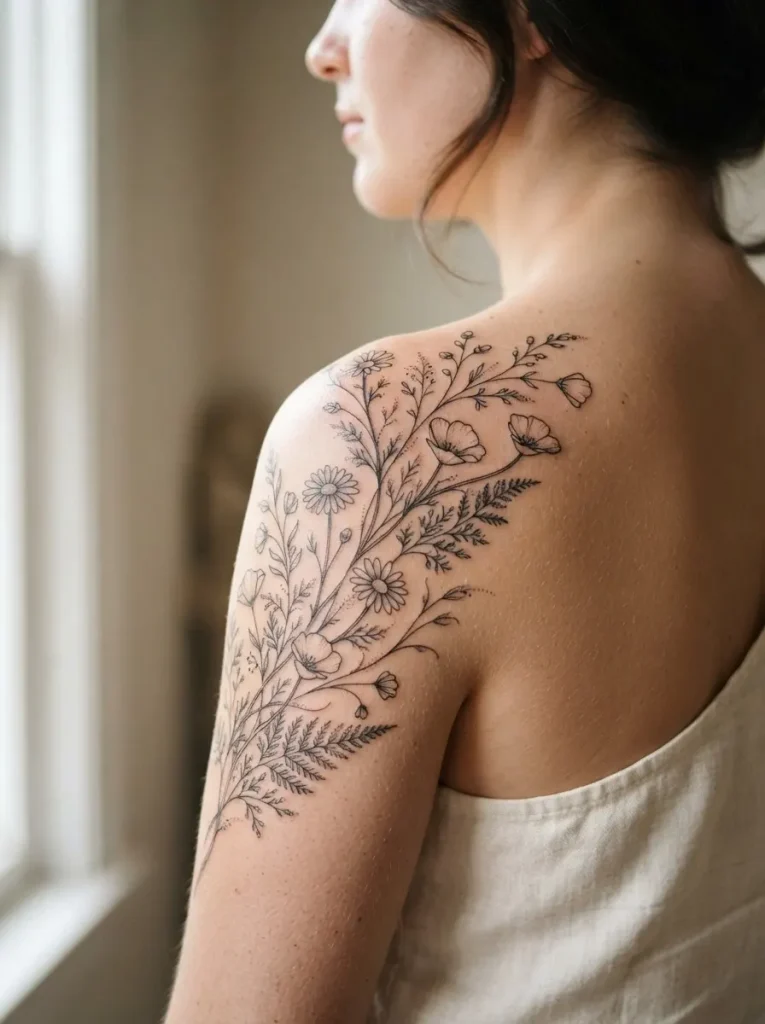 1. Delicate Wildflower Shoulder Tattoo