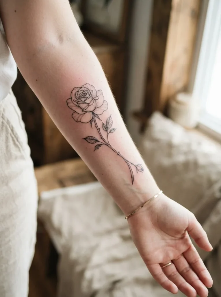 1. Fine-Line Rose Tattoo