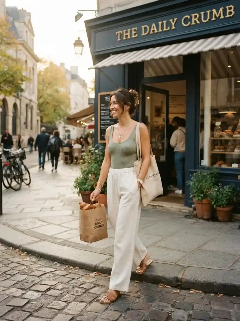 1. Ivory Wide-Leg Pants with a Sage Bodysuit