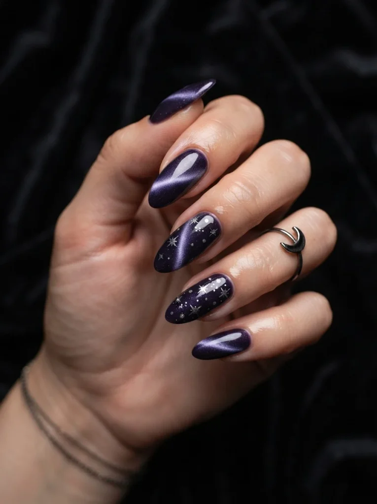 1. Midnight Purple Cat-Eye Nails