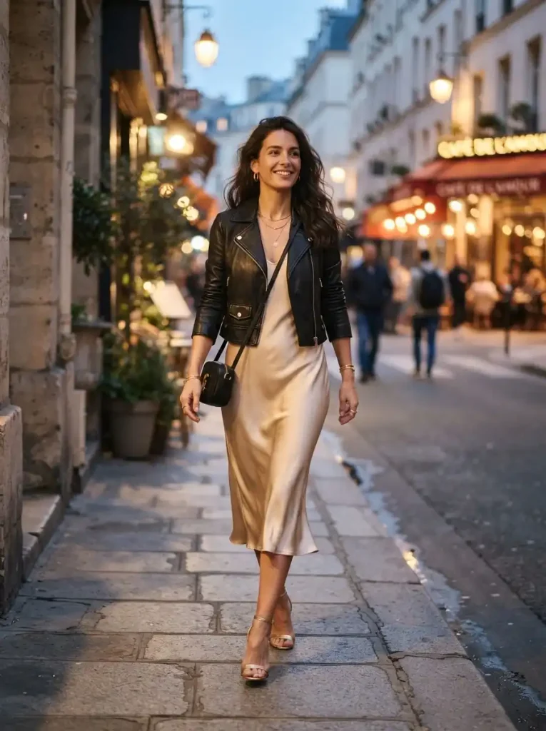 1. Satin Slip Dress With a Cropped Leather Jacket