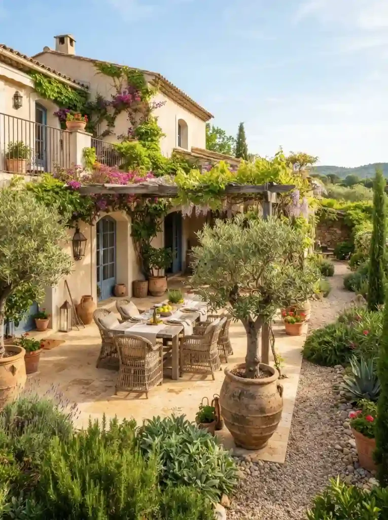 1. Warm Stone Patio with Olive Trees