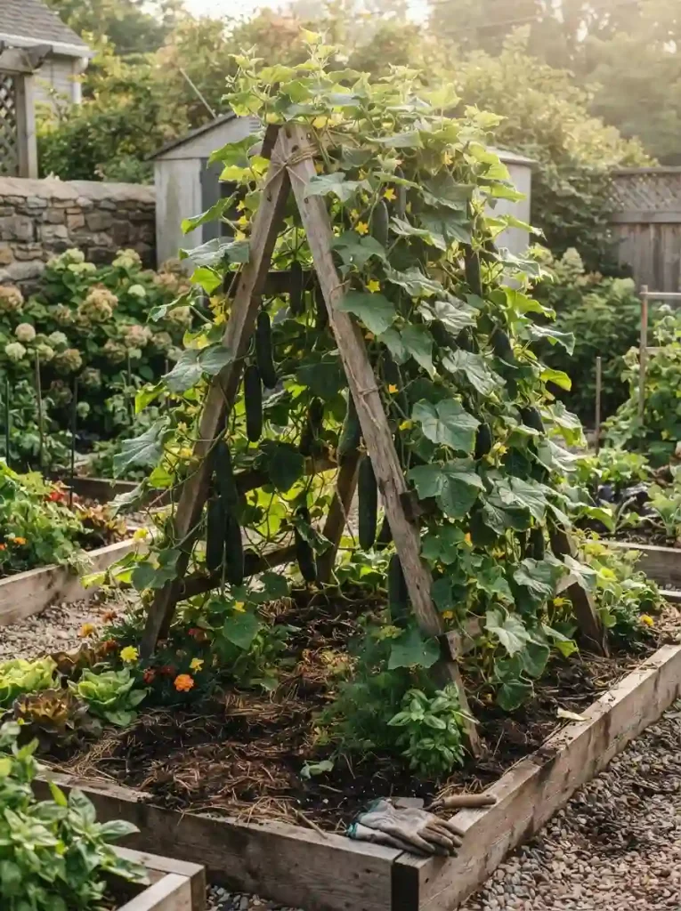 1. Wooden A-Frame Cucumber Trellis