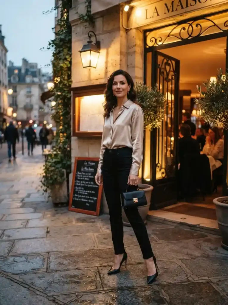 10. Black Jeans with a Satin Blouse