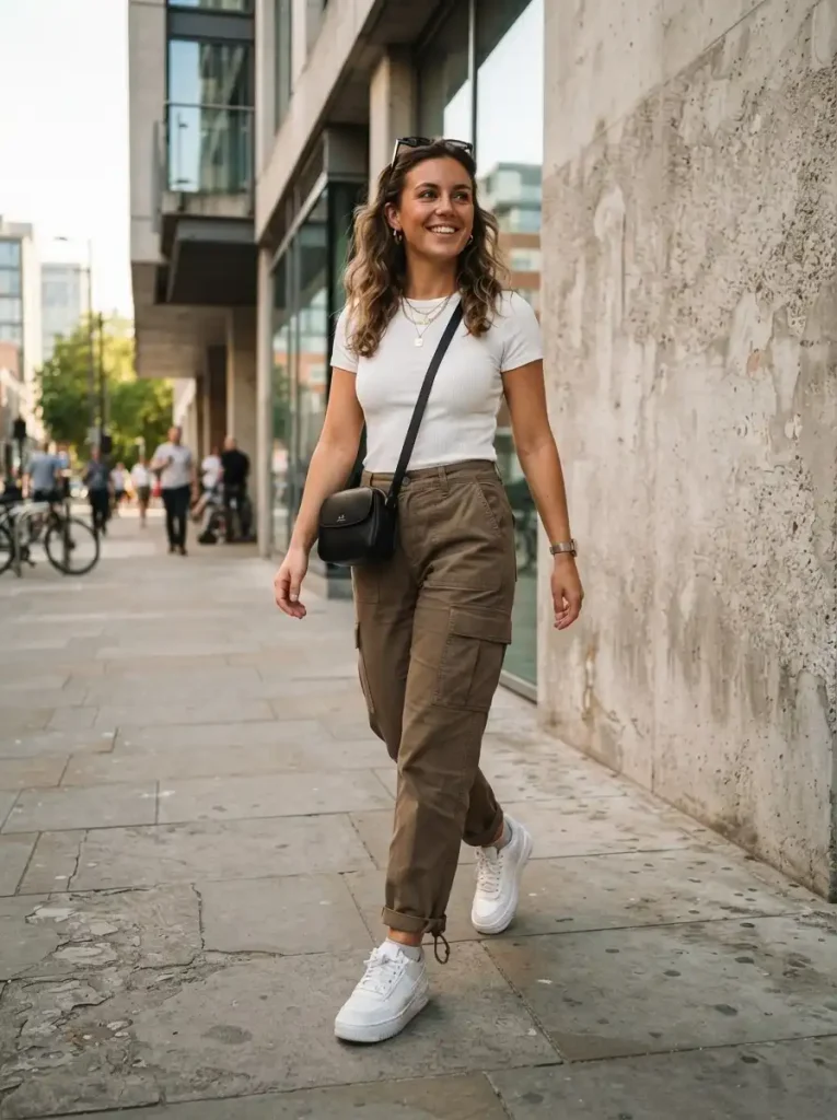 10. Brown Cargo Pants With a Fitted White Top