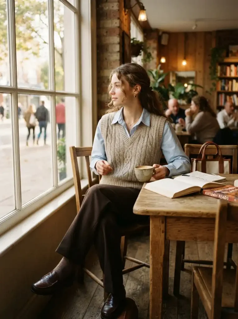 10. Knit Vest over a Collared Shirt with Wide-Leg Pants