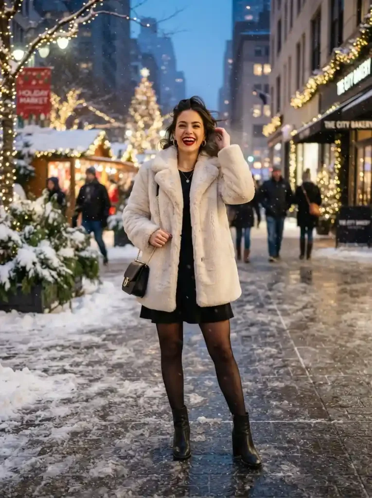 10. Little Black Dress with a Faux Fur Coat