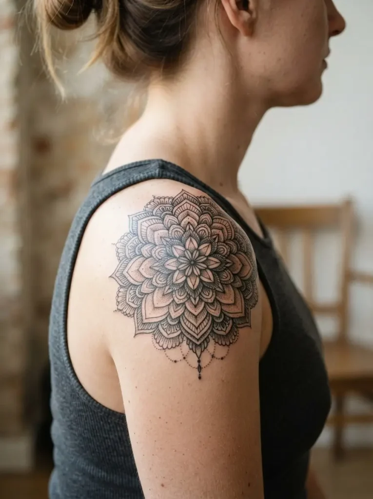 10. Ornamental Mandala Shoulder Tattoo