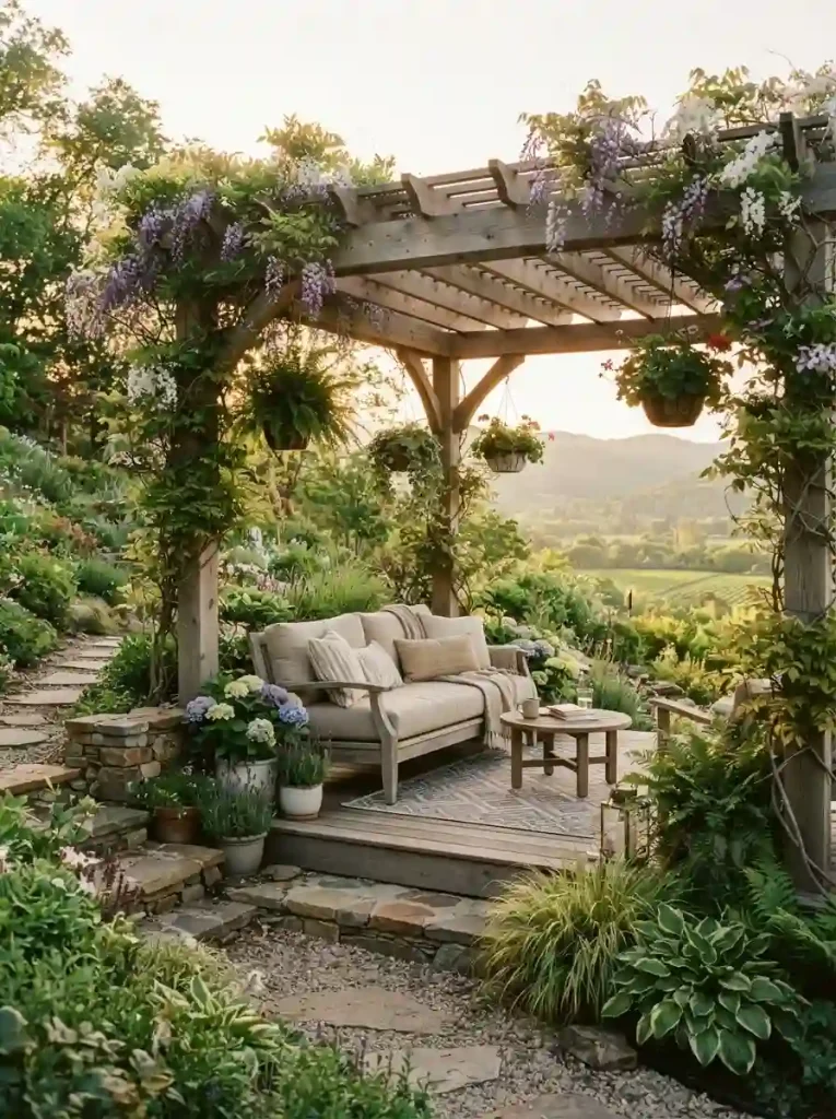 10. Build a Small Pergola Retreat on the Slope