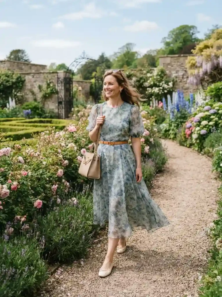 10. Soft Floral Midi Dress with a Neutral Belt