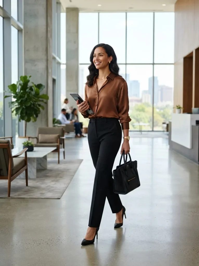11. Brown Blouse With Black Tailored Pants